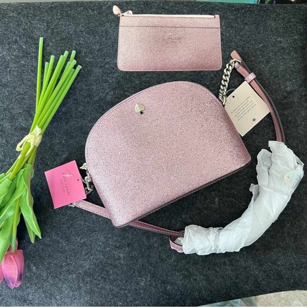 NEW-Kate Spade- Small Dome Crossbody in Rose Pink Glitter & Matching Zip Wallet